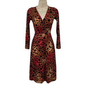 Huminska NY Faux Wrap Dress Womens Sz 0 Orange Burnout Velvet Long Sleeve V-Neck